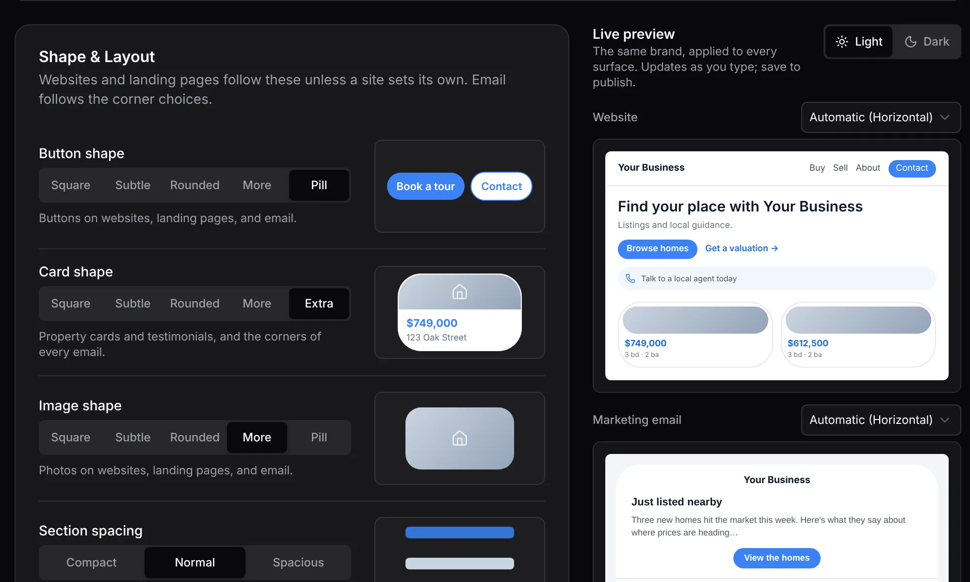 Settings, Branding, Shape & Layout: button, card and image shapes and section spacing, beside a live preview of a website and a marketing email.