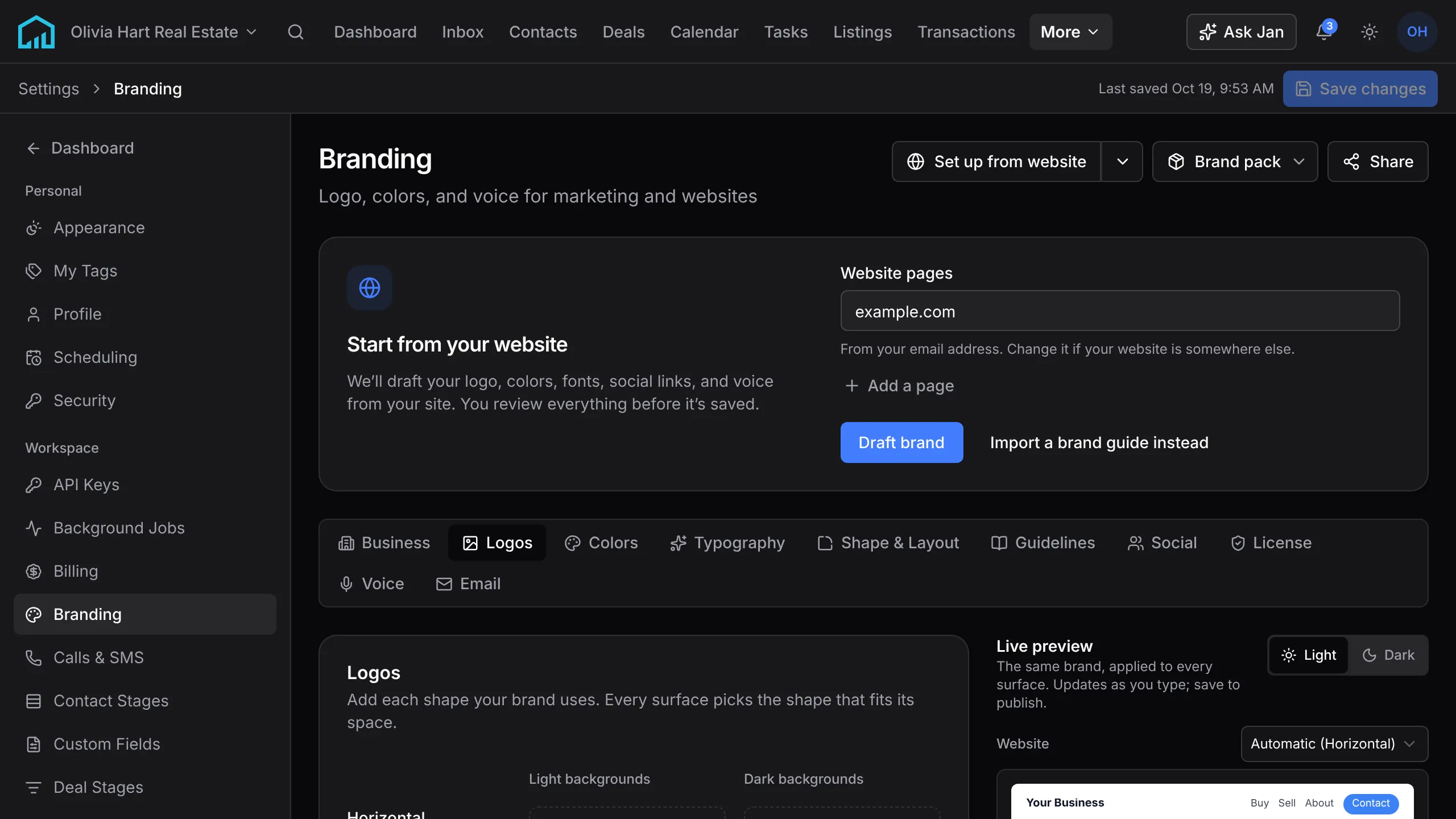 Settings, Branding: Start from your website with example.com filled in, Draft brand and Import a brand guide instead, above the Branding tabs from Business to Email.