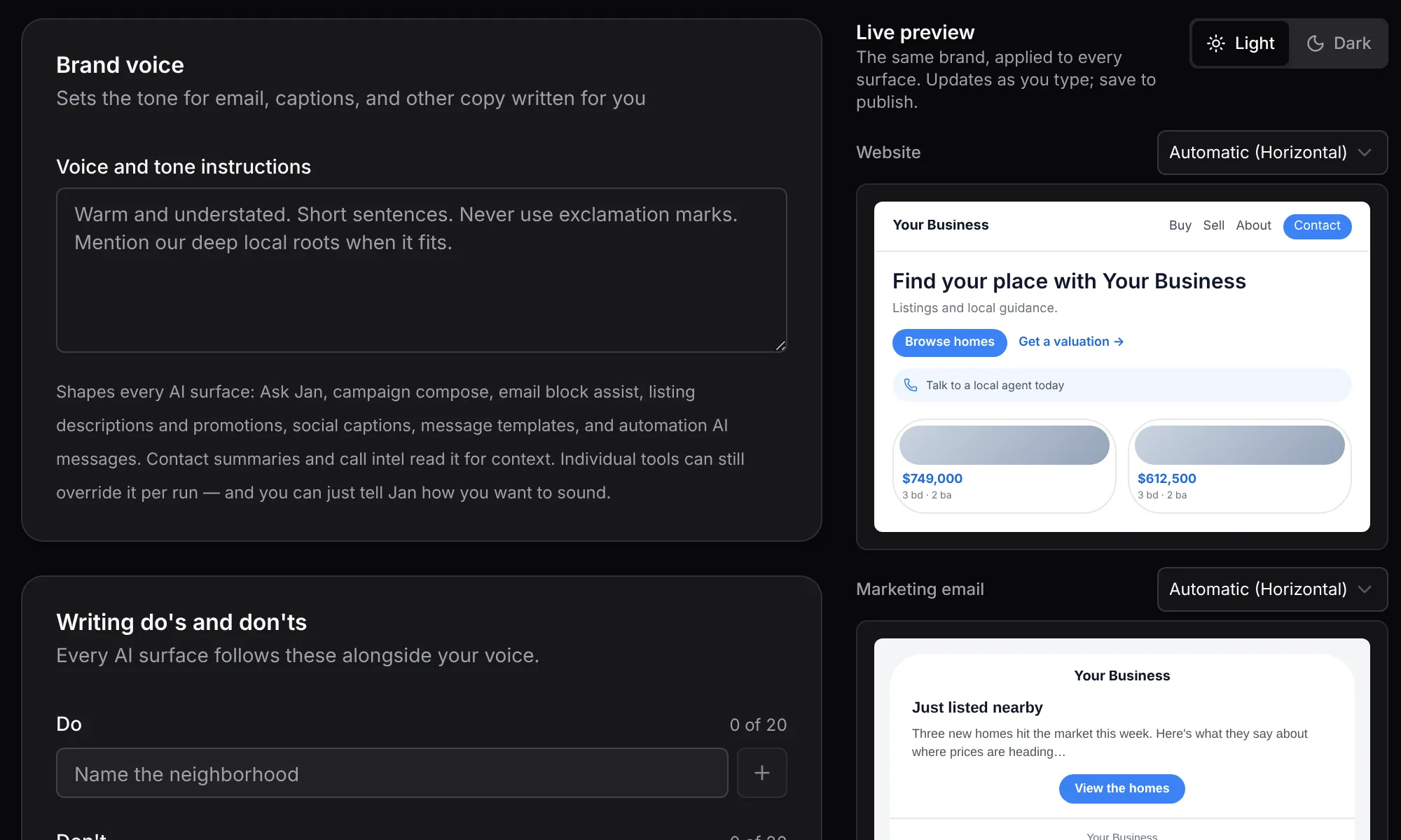 Settings, Branding, Brand voice: the voice and tone instructions AI drafts follow, and writing do's and don'ts below them, beside a live preview of a website and a marketing email.
