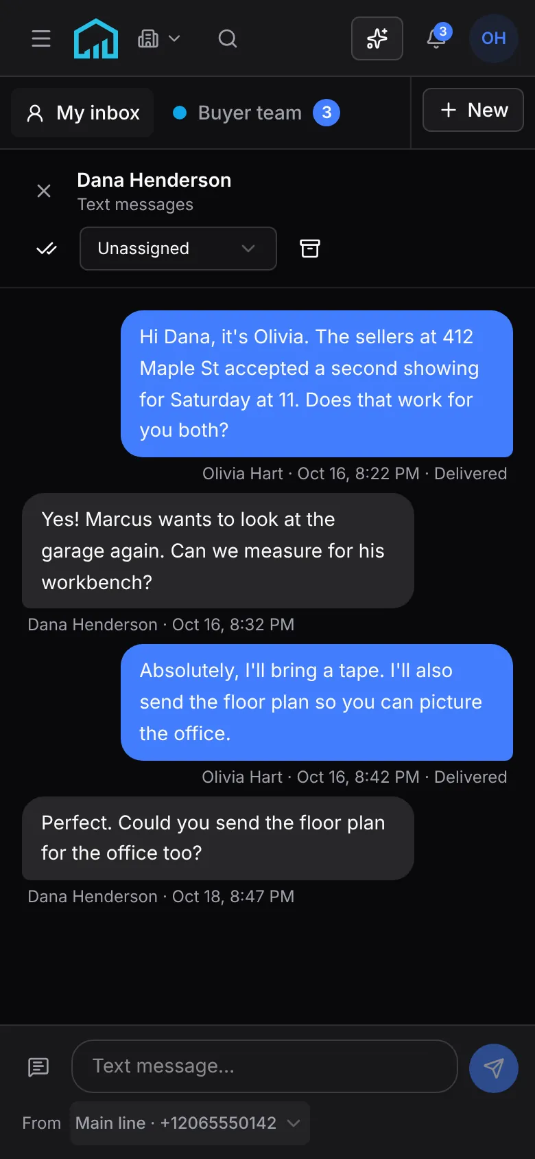 A text thread with Dana Henderson on a phone, sent from the business number, with each text marked delivered.