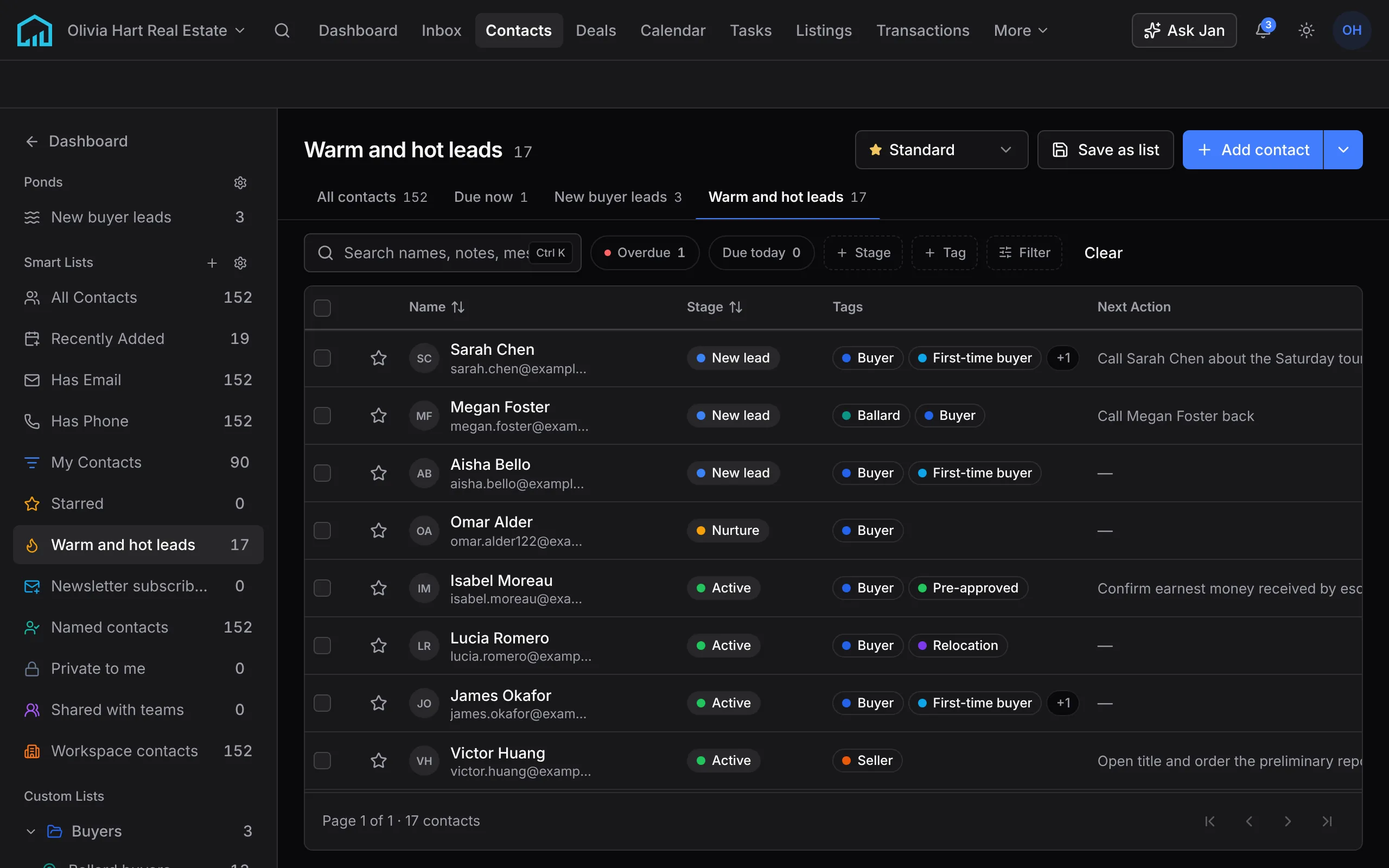 The contacts list filtered to the Warm and hot leads smart list, with stages, tags and next actions, and smart lists and lead ponds down the side.