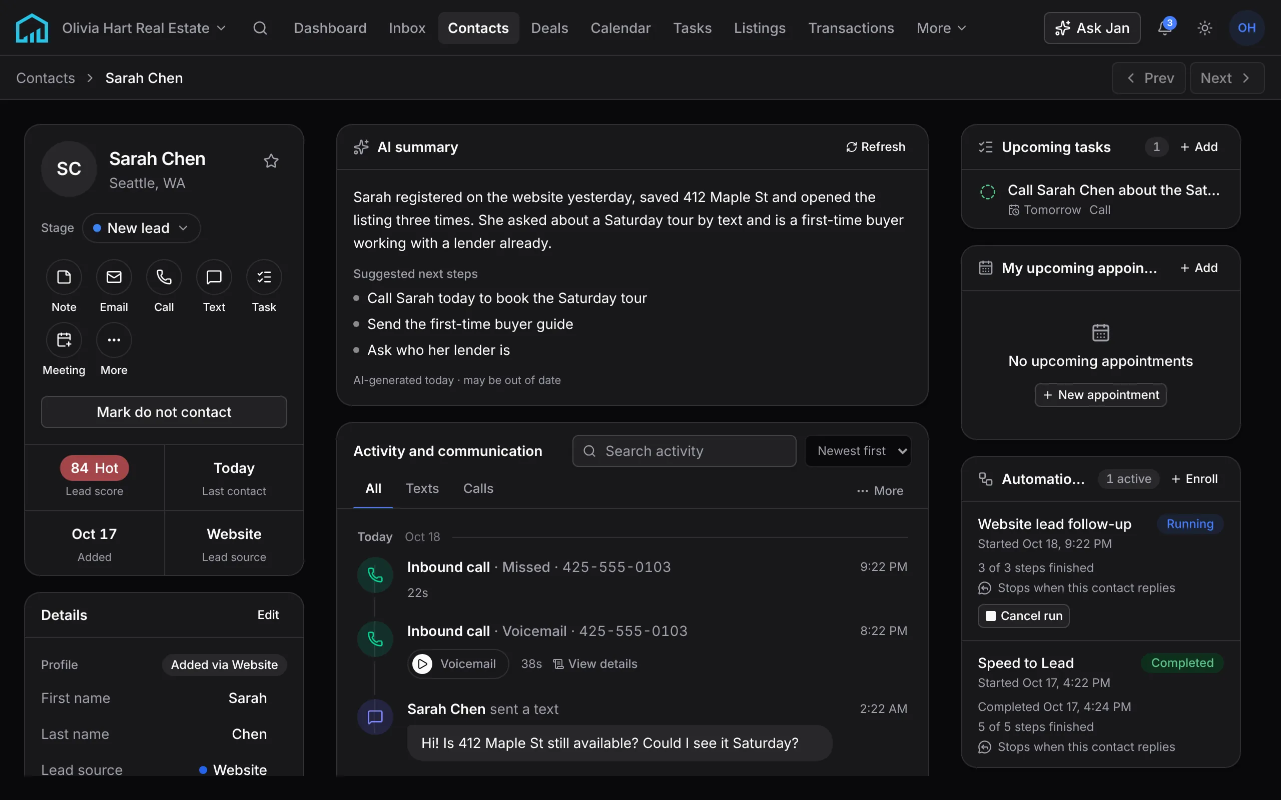 Sarah Chen's contact record: an AI summary with suggested next steps, her texts and website form on one timeline, an 84 Hot lead score, her follow-up task and the automations she is in.
