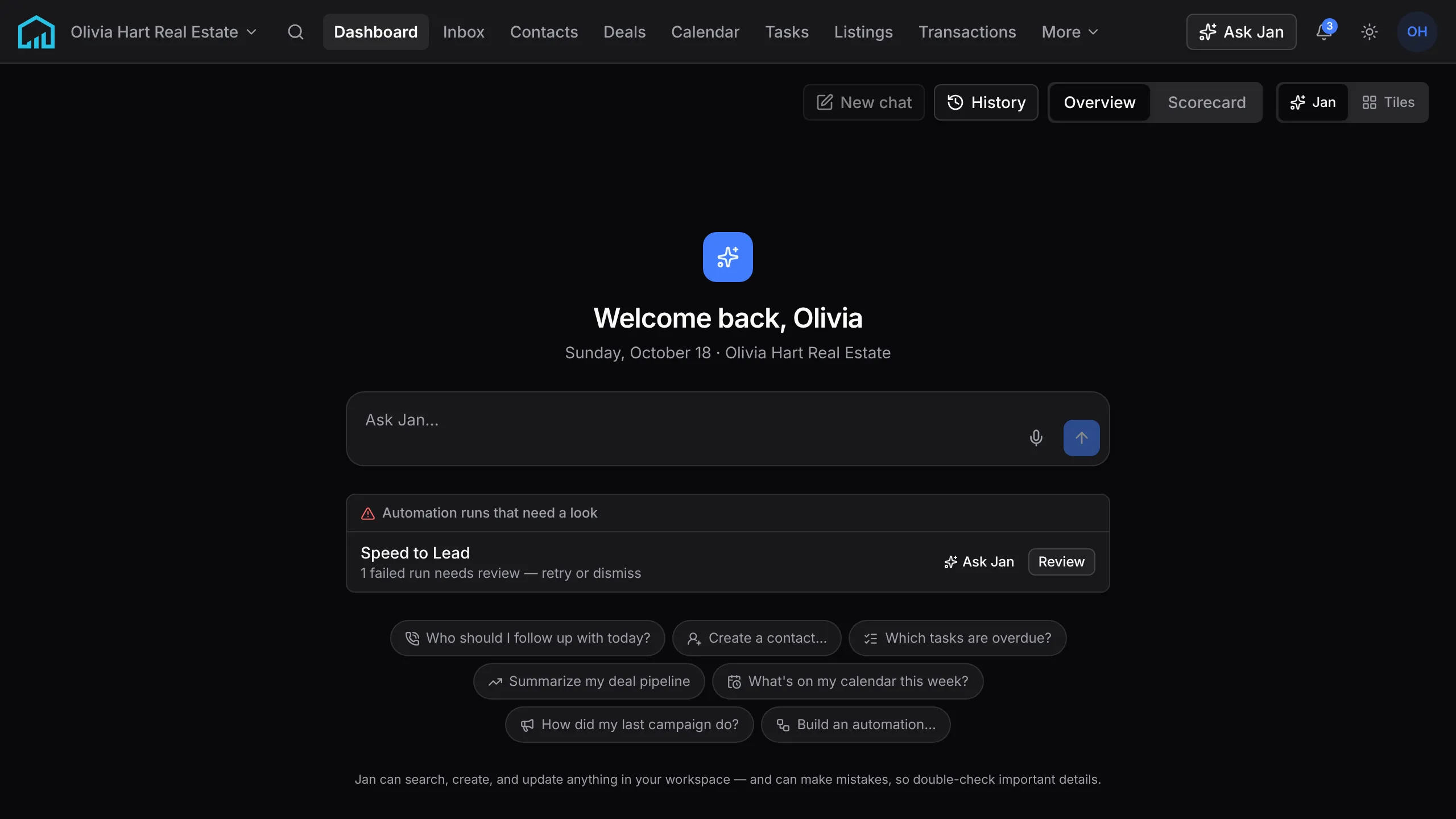 The dashboard opens on Jan: a box to ask it anything, a failed Speed to Lead run flagged with Ask Jan and Review buttons, and suggested questions.
