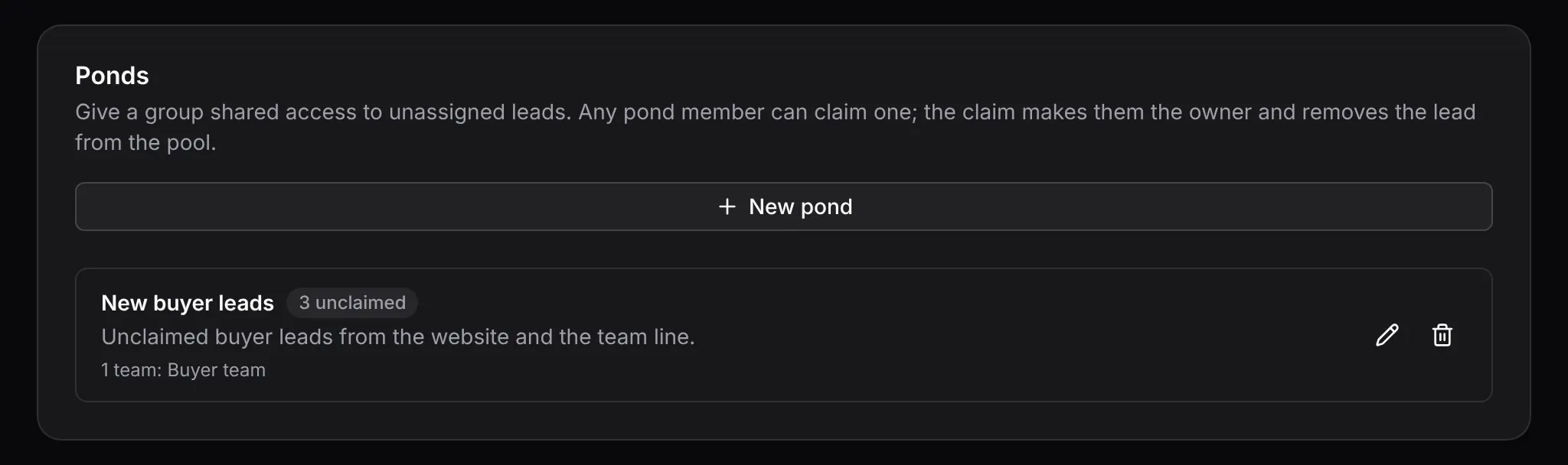 Settings, Ponds: the New buyer leads pond for unclaimed buyer leads from the website and the team line, shared with the Buyer team, with three leads still unclaimed.