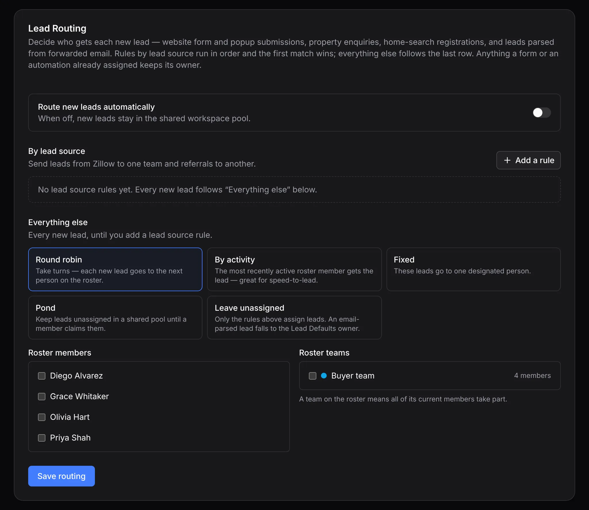 Settings, Lead Routing: a place for rules by lead source, none added yet, then one choice for every other lead, from round robin, by activity, fixed, pond or leave unassigned, above the members and teams on the roster.