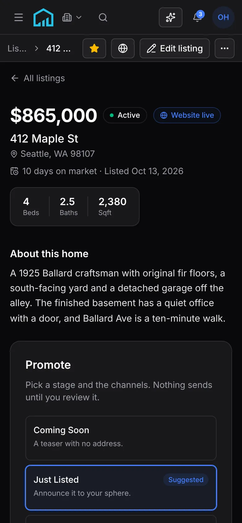 412 Maple St on a phone: $865,000, Active, its website live, beds, baths and square feet, the description and Promote with Just Listed suggested.