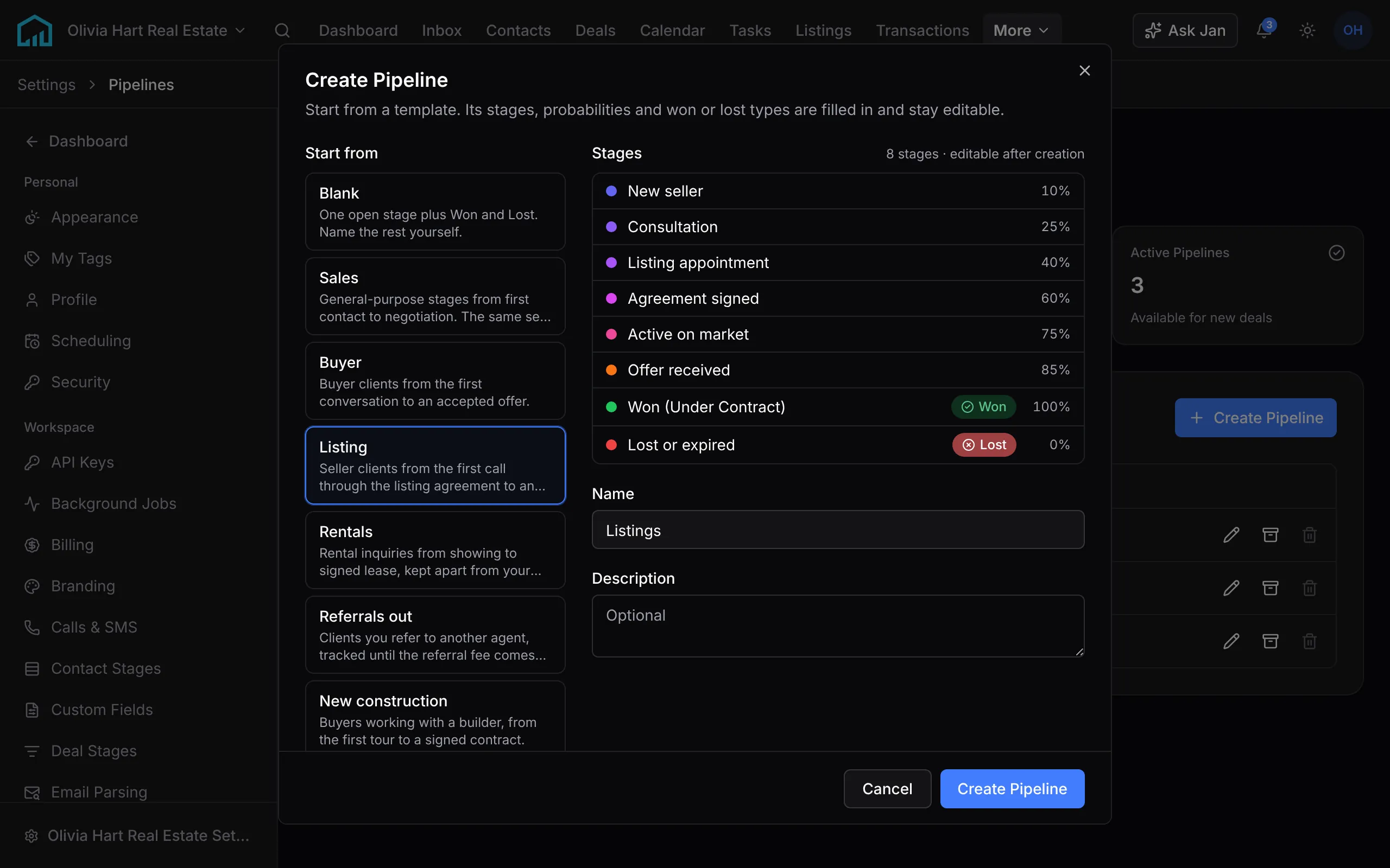 Create Pipeline in Settings: the seven templates down the side, Listing chosen, and its eight stages from New seller to Won (Under Contract) and Lost or expired, each with its win probability, above the suggested name Listings.