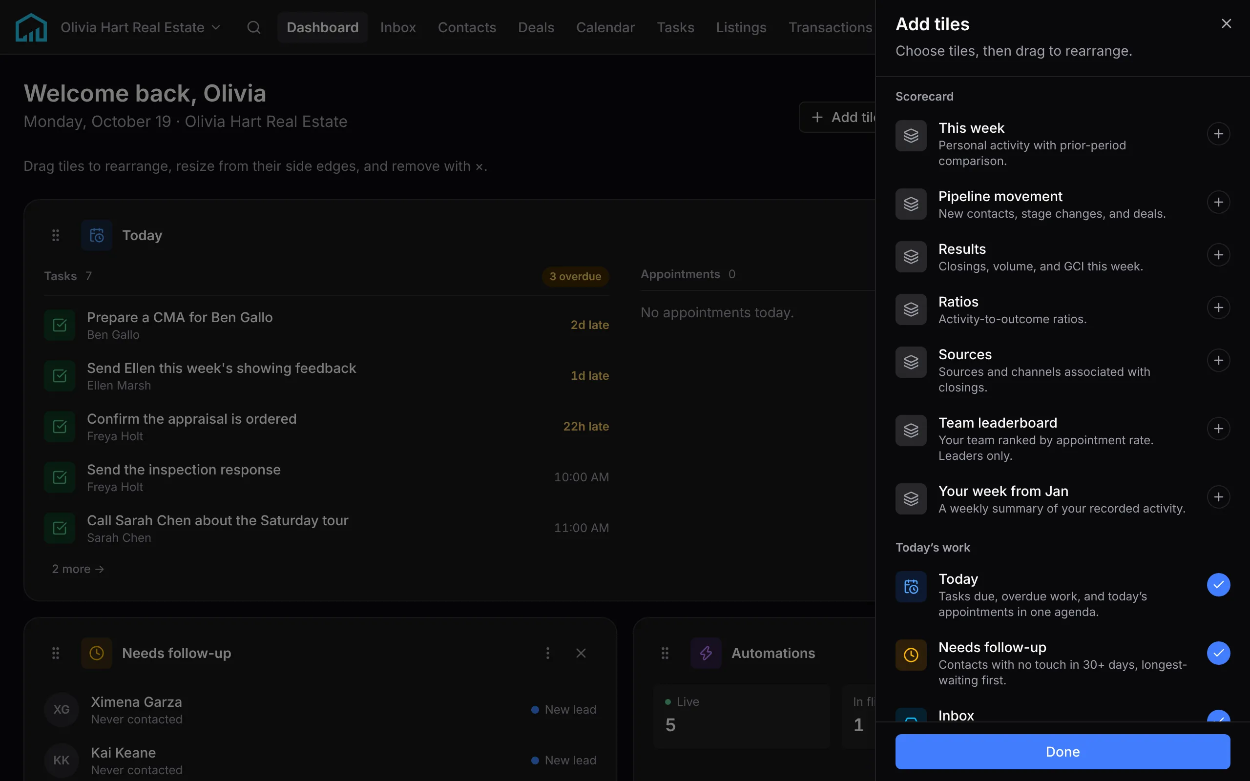 Customizing the dashboard: the Add tiles panel lists the Scorecard tiles first, from This week to Your week from Jan, above the tiles already on the page.