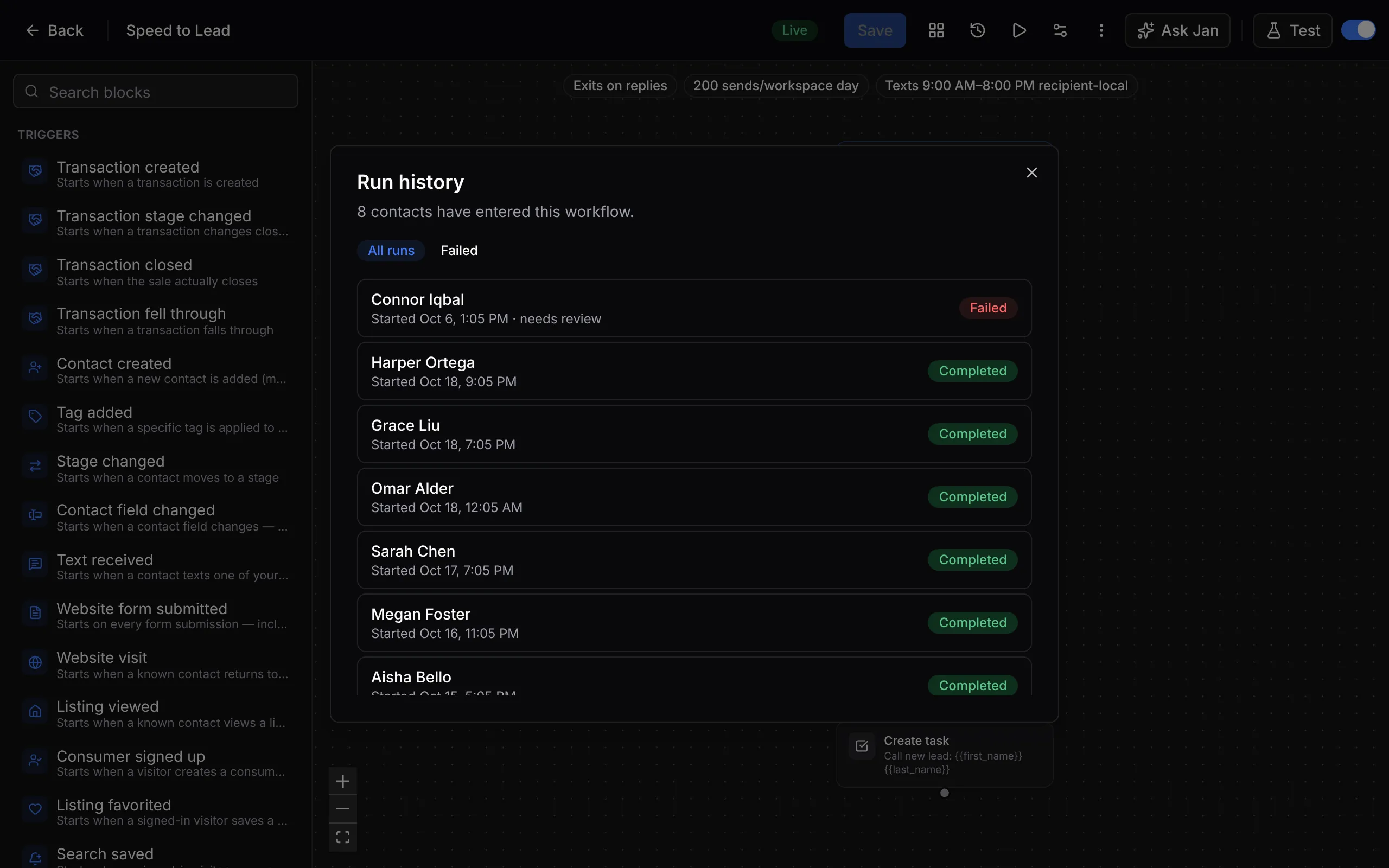 Speed to Lead's run history: eight contacts have entered, most runs completed and one failed run is marked for review. Above it, the automation's texts are limited to 9:00 AM to 8:00 PM in each recipient's time.